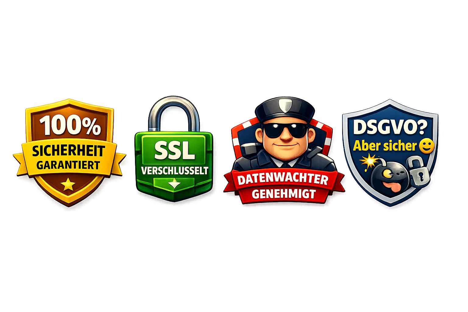 Grafische Trust- und Sicherheits-Badges: Schild, Haken, Schloss und Audit-Symbole auf hellem Hintergrund